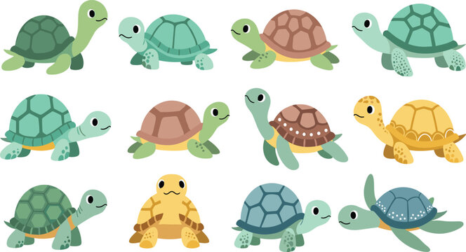 Cute Turtle Vector Illustration Set Featuring Adorable Sea and Land Tortoises in Different Walking and Crawling Poses for Wildlife Nature Graphics and Kids Designs.