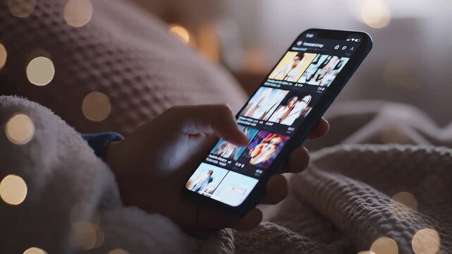 Close-up of a hand holding a smartphone with a streaming service interface, while relaxing comfortably under a blanket with bokeh lights creating a cozy atmosphere