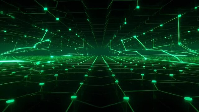 Abstract digital network visualization with glowing green nodes and connections receding into the distance