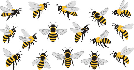 Honey Bee Vector Illustration Set Featuring Flying Pollinator Insects in Different Positions for Nature Wildlife Graphics, Beekeeping Concepts, Agriculture Themes, and Ecology Designs. © MstSuborna