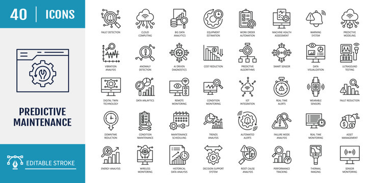 Predictive maintenance icon set. Includes data analytics, machine learning, condition, failure prediction, preventive, real time, analysis. Outline icon set. Vector illustration with editable stroke