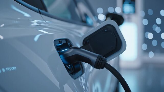Close-up of a modern electric car's charging port with a cable plugged in, illuminated by soft blue light against a blurred futuristic background with bokeh effects, conveying innovation