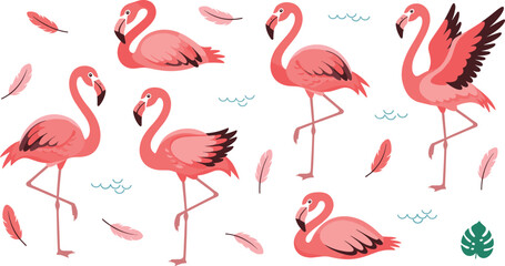 Obraz premium Pink Flamingo Vector Illustration Set with Tropical Birds in Elegant Standing, Walking, and Sitting Poses for Exotic Wildlife Graphics, Summer Designs, and Nature Themes.