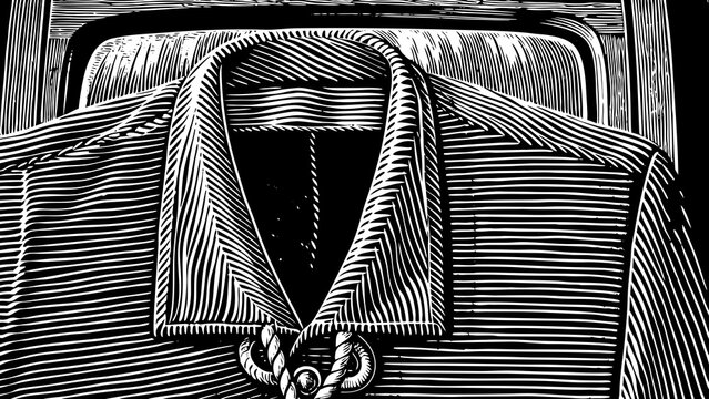 Woodcut style image displays the collar and yoke of a rugged work shirt hanging inside.