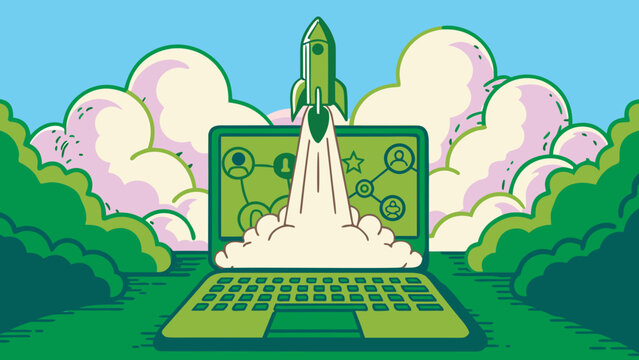 Green illustration shows a rocket blasting out of a computer displaying networking connections.