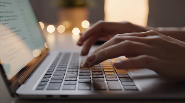 Close-up shot of hands typing on a laptop keyboard with a shallow depth of field and warm, blurred bokeh lights creating a cozy atmosphere in a dimly lit room
