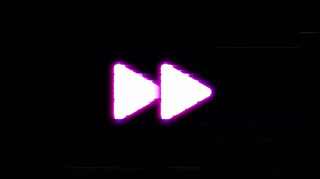 glowing neon rewind button icon glitch isolated on black background