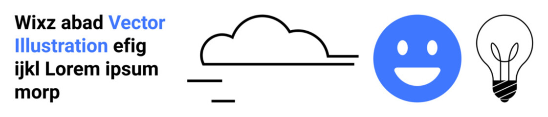Fototapeta premium Creativity, innovation, minimalism, conceptual ideas, modern design, technology. A cloud, happy face and lightbulb in a clean simple vector style. Creativity and innovation concept