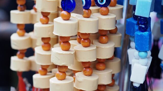 Close-up of Traditional Evil Eye Charms and Handmade Soaps