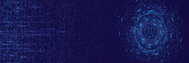 Cybersecurity padlock icon inside blue digital HUD circle with data matrix code, secure online data protection technology banner background