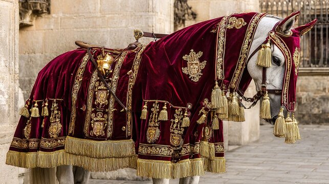 caparison. A deep red velvet ceremonial horse cover with golden embroidery and tassels. wildlife magazines, conservation campaigns, designed for nature documentaries and education.