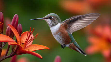 Fototapeta premium Rufous and green hummingbird hovering beside orange lily blossom gathering nectar with blurred garden background, delicate wings beating and fine feather detail visible