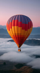 Fototapeta premium Colorful hot air balloon floating above sea of clouds over mountain ridges at sunrise, serene atmosphere and soft pastel sky create peaceful, dreamy travel scene