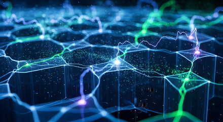 Obraz premium Abstract 3D rendering of interconnected neural networks with glowing nodes and pathways.