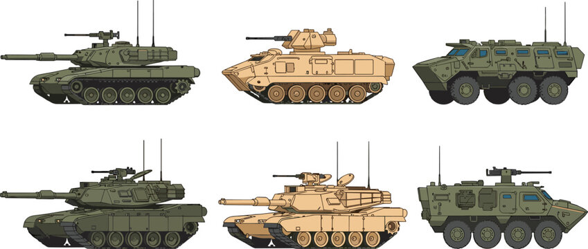 "Six illustrated armored military vehicles in two rows showing tanks, infantry fighting vehicles, and armored personnel carriers, defense machinery artwork, warfare technology engineering 