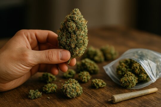 Cannabis buds hand wooden table.