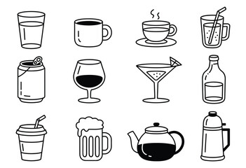 Obraz premium beverages and drinks hand-drawn outline icons set, refreshment doodle collection with coffee tea juice soda cocktail water glass cup bottle and straw elements for cafe menu design illustration.