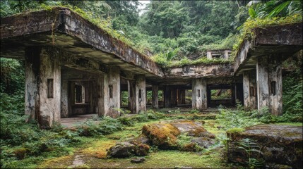Overgrown concrete ruins consumed by lush nature