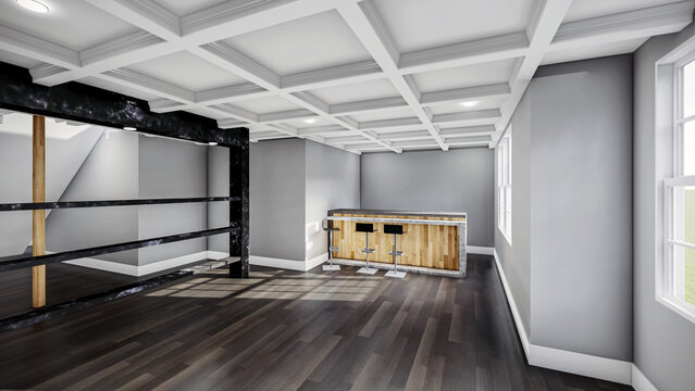 Modern Empty Basement Interior with Home Bar and Coffered Ceiling 3D Render