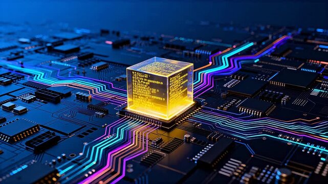 Circuit board with glowing data cube