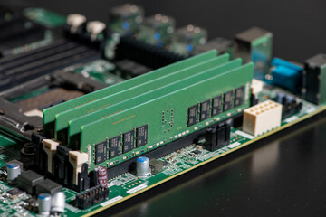 Fototapeta premium Data memory for servers and workstations. PC RAM modules for modern upgrade. DDR RAM memory technology. System memory for servers and workstations. PC RAM modules.