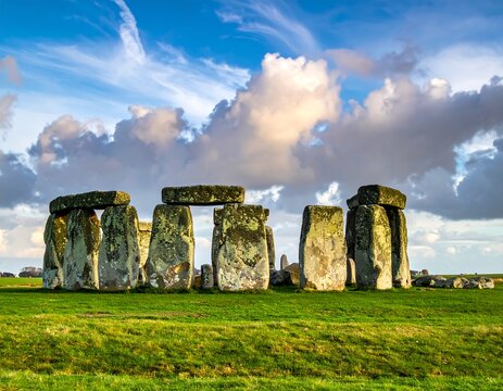Ancient stone monument featuring standing megaliths with lintels, set upon a grassy field, under a partly cloudy blue sky