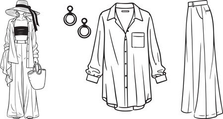 Women fashion outfit vector set with hat shirt pants handbag earrings minimal line clothing icons