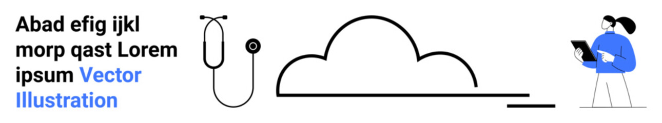 Cloud technology, telemedicine, healthcare integration, modern diagnostics, data security, online solutions. Stethoscope beside a cloud and a professional observing the screen. Cloud technology