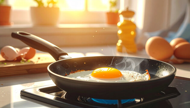 Close up of fried egg in a pan on the stove in a sunny kitchen
