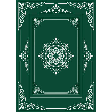 Green book cover with white ornate design and border