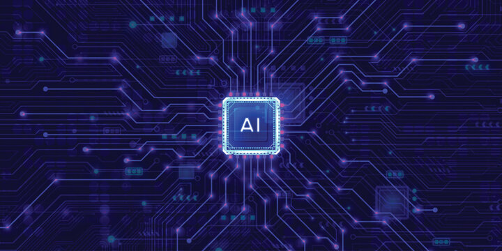 Neon AI Microchip On Futuristic Circuit Board Background &ndash; Artificial Intelligence Processor, Data Network, High Tech Concept