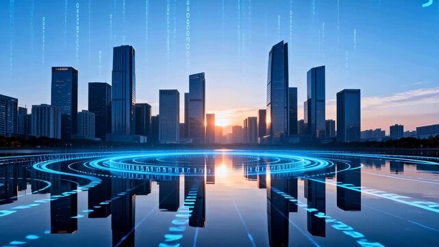 Futuristic cityscape with digital elements