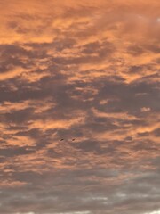 Fototapeta premium Two small birds soar as tiny silhouettes amid a vast dramatic orange and gray cloudscape illuminated by vivid sunset light, evoking freedom and vastness.