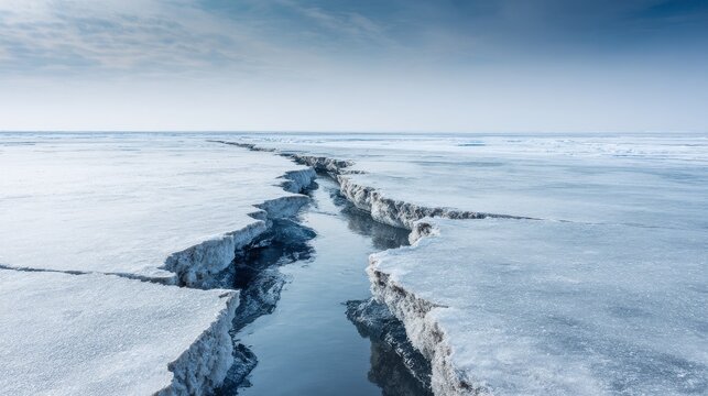 A large crack runs through a frozen icy surface