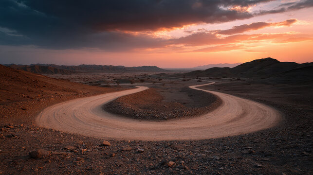 Desert road u turn at sunset winding through arid landscape with dramatic sky and warm light