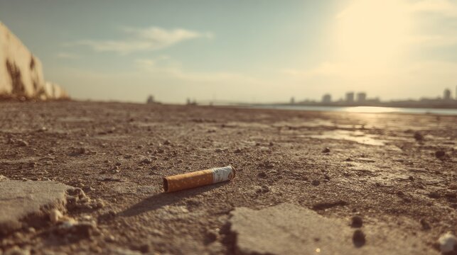 Discarded cigarette filter lies on rough concrete ground