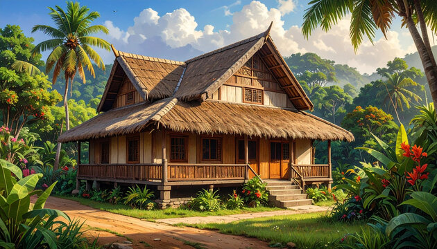 Traditional tropical house amidst lush green foliage and clear blue sky