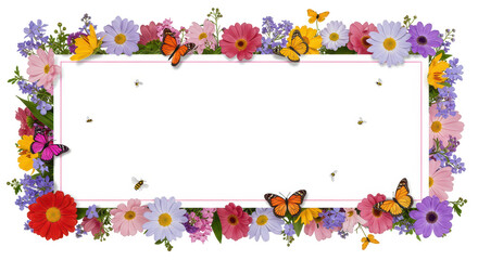 Floral Frame: A colorful arrangement of various flowers and butterflies elegantly frames a blank rectangular space, perfect for showcasing your content.