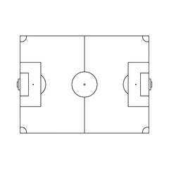 A simple black and white line drawing showcasing a top down view of a soccer field