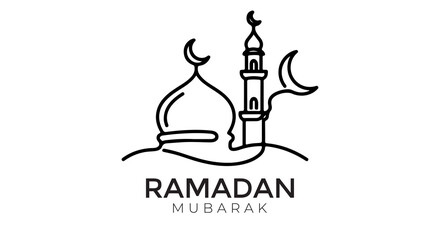 Fototapeta premium A minimalist line art illustration of a mosque with crescent moons, symbolizing Ramadan Mubarak.