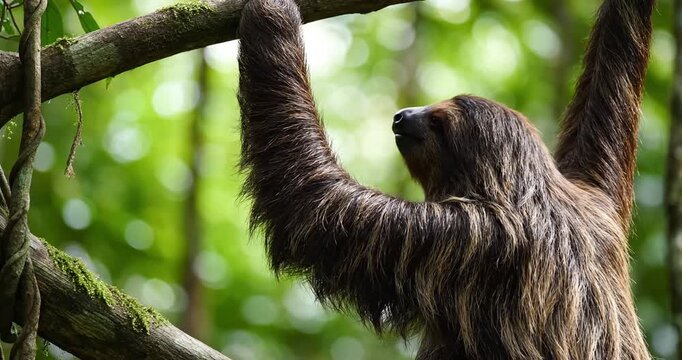 A sloth hanging from a tree branch in a lush green rainforest, surrounded by vibrant foliage (1)