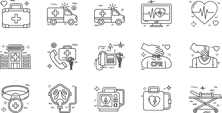 PrintMedical emergency and first aid line icon set with ambulance CPR defibrillator oxygen mask ECG monitor healthcare illustration