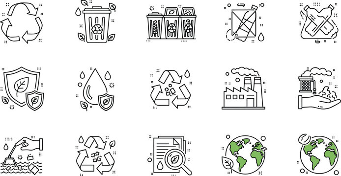 Recycling and environmental protection line icon set with waste management pollution control eco earth illustration