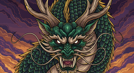 Fototapeta premium A green dragon with sharp teeth and claws.