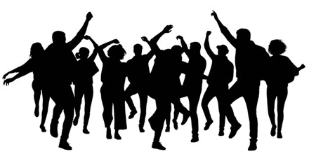 Silhouette of a group of people celebrating with arms raised in excitement