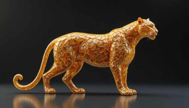 A magnificent low-polygon leopard or panther sculpture, created with a shimmering golden metallic texture, stands powerfully in profile against a deep, dark studio background.