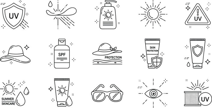 UV protection and sunscreen line icon set with SPF lotion sunglasses hat sun care skin protection illustration