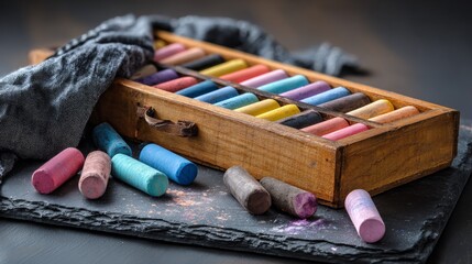 Colorful chalk pastels arranged in a wooden box
