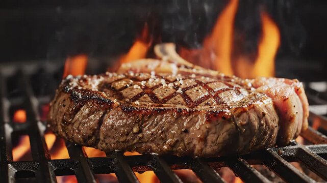 Mouthwatering juicy steak sizzling on flaming barbecue grill. Food commercial concept.