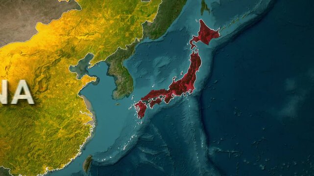 map animation highlighting the geopolitical relationship between China, Japan, and South Korea